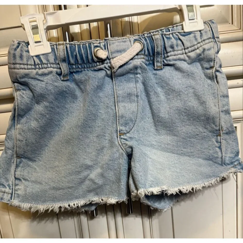 Zara Girls Elastic Waist Drawstring Frayed Denim Cut Off Short Wash Blue Size 8